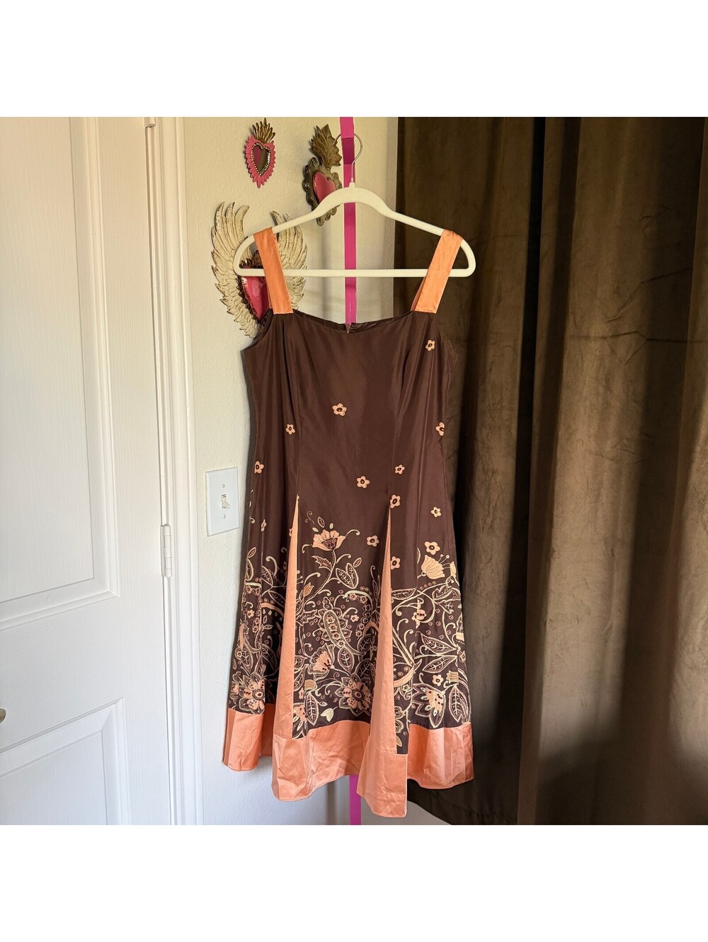Adrianna Fairy Silk Y2K Beaded Brown Peach Floral Paisley Dress Women's SZ 8